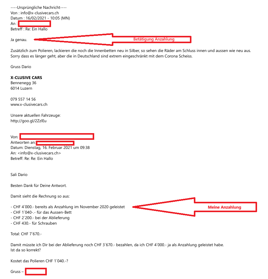 Beweis E-Mail Dario Bilotta Anzahlung